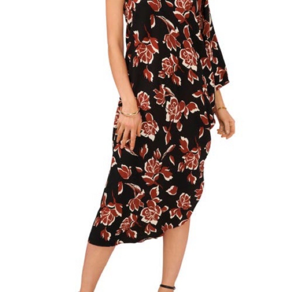 Vince Camuto Asymmetrical Black and Red Floral Dress